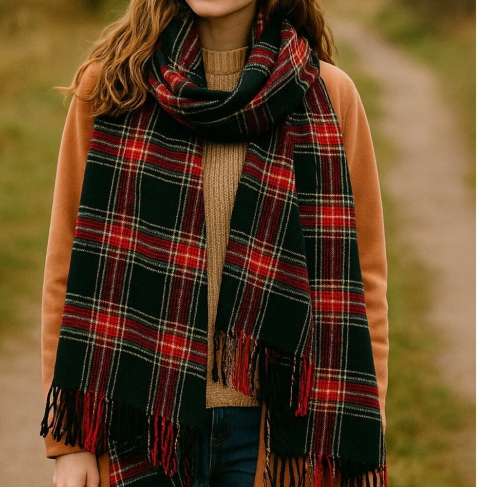 Kate & Sam Oversized Plaid Blanket Scarf Red Green Fringe Soft Acrylic Cozy